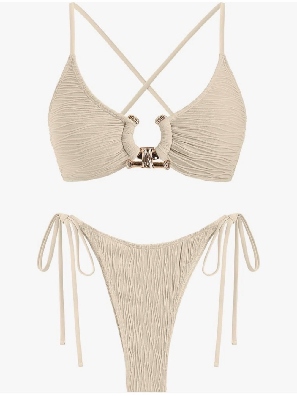 Zaful Women’s Beige Textured Tie-Side Bikini Set - Elegant Swimwear